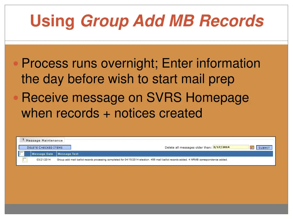 using group add mb records 1