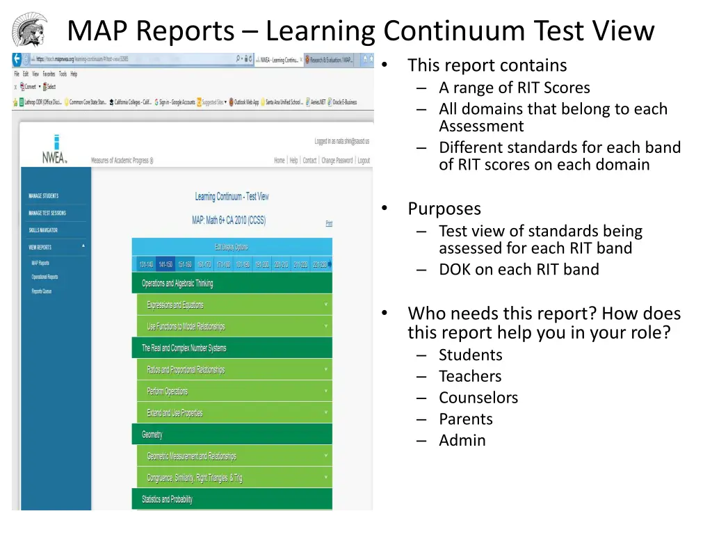 map reports learning continuum test view