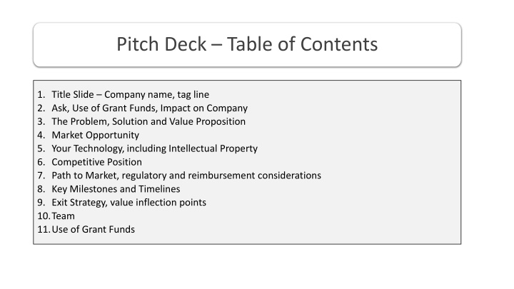 pitch deck table of contents