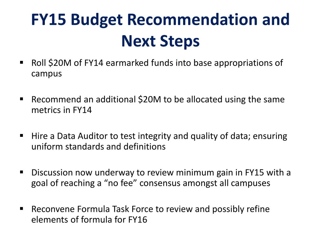 fy15 budget recommendation and next steps