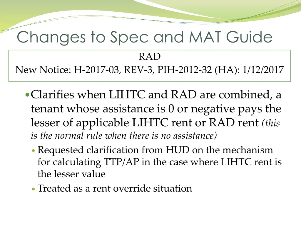 changes to spec and mat guide