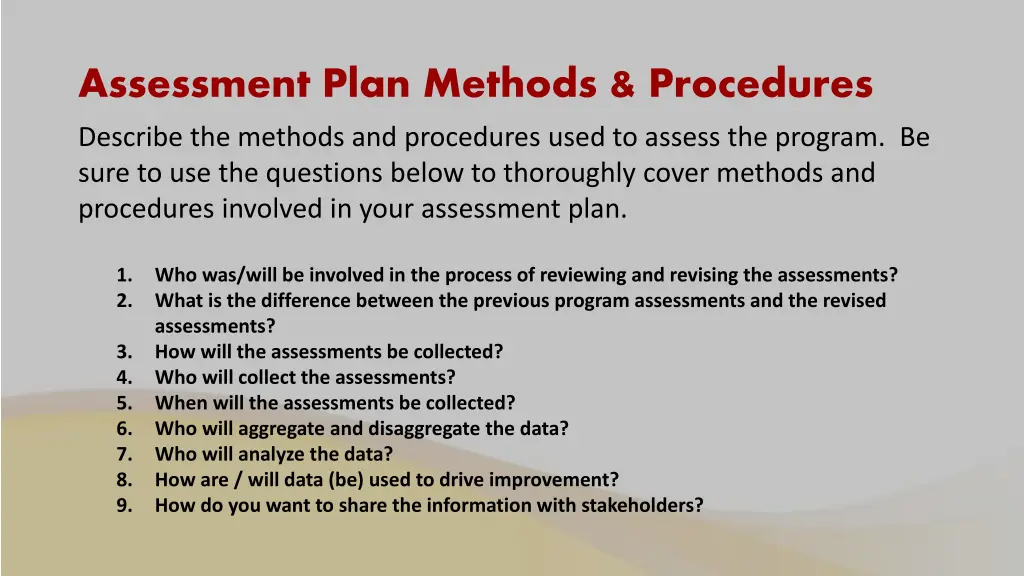 assessment plan methods procedures