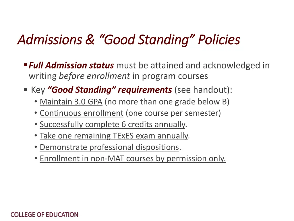 admissions admissions good standing policies good