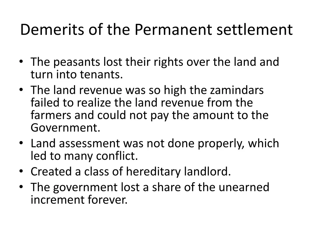 demerits of the permanent settlement