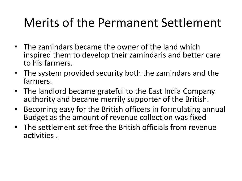 merits of the permanent settlement