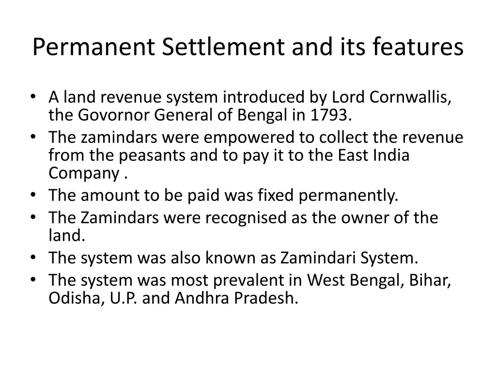 permanent settlement and its features