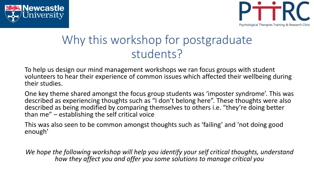 why this workshop for postgraduate students