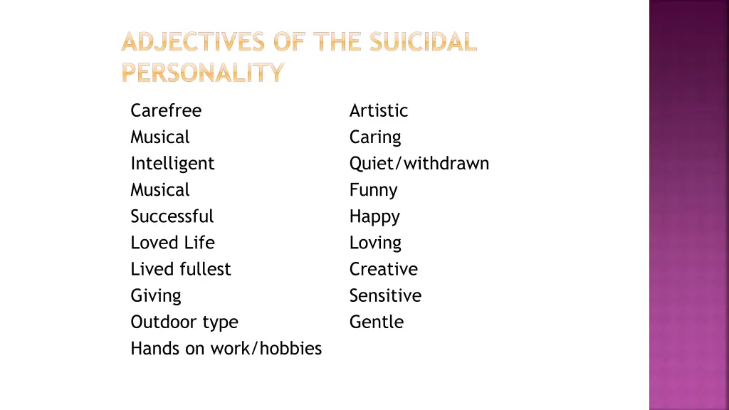 adjectives of the suicidal personality