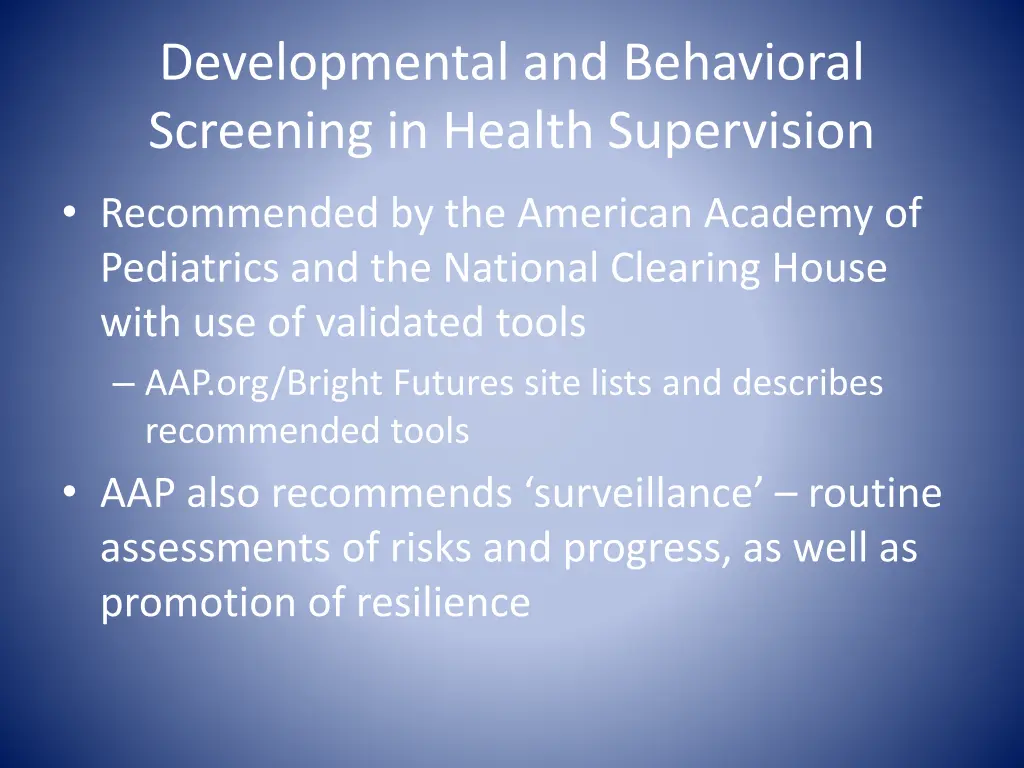 developmental and behavioral screening in health