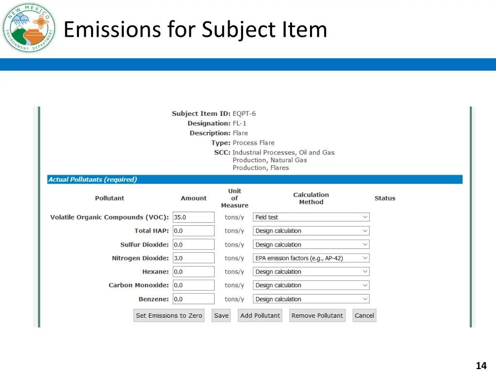 emissions for subject item