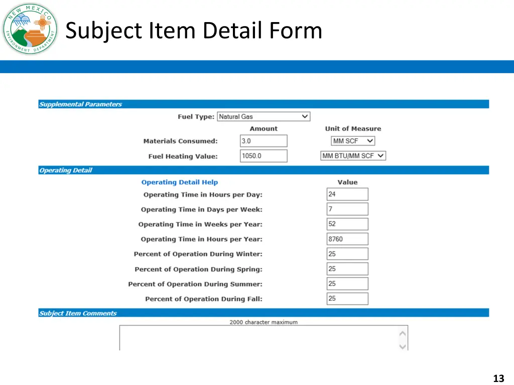 subject item detail form