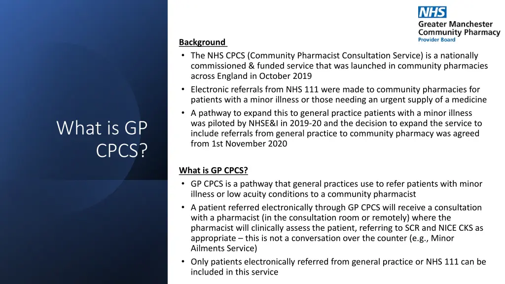 background the nhs cpcs community pharmacist