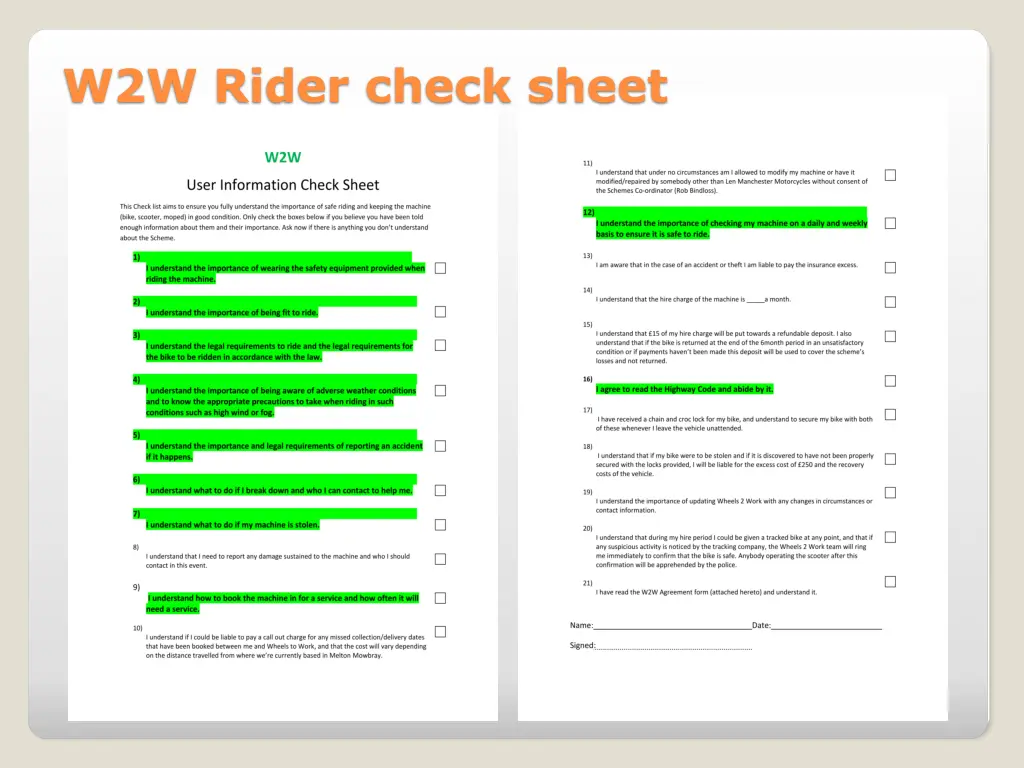 w2w rider check sheet