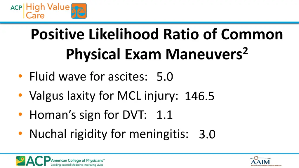 positive likelihood ratio of common physical exam