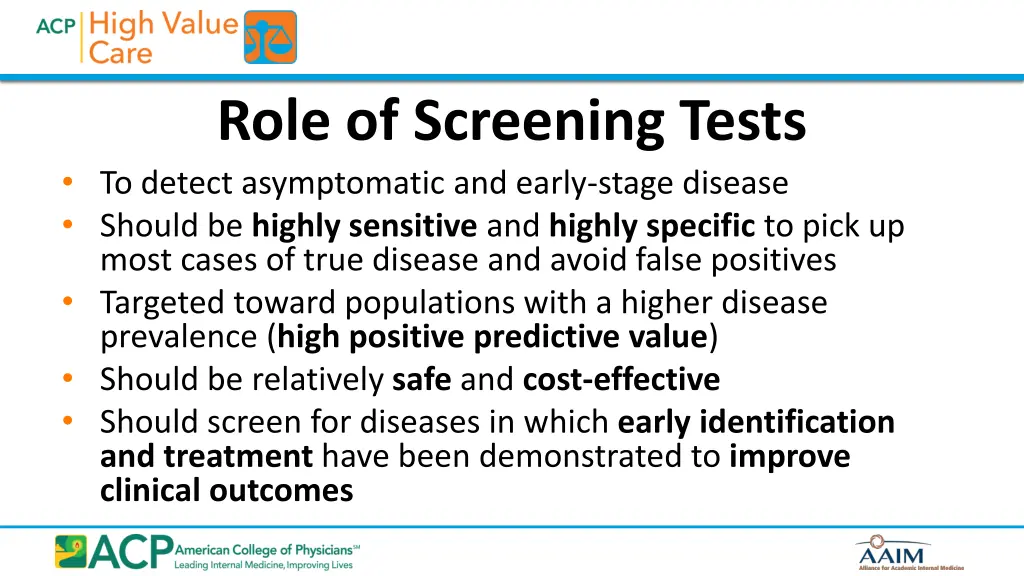 role of screening tests to detect asymptomatic