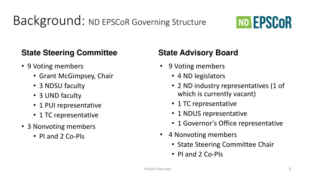 background nd epscor governing structure