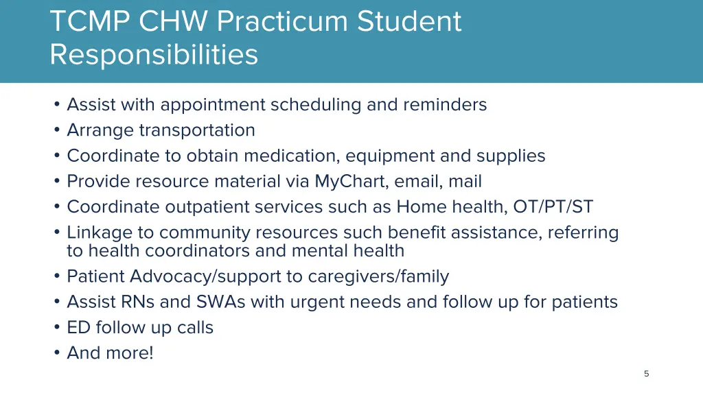 tcmp chw practicum student responsibilities