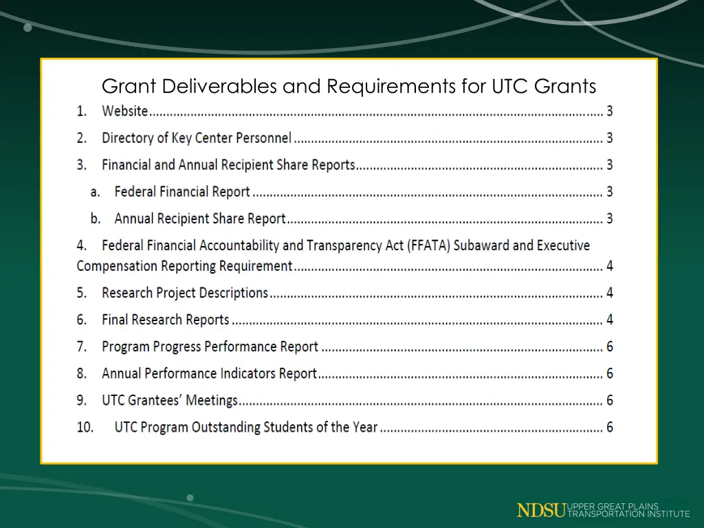 grant deliverables and requirements for utc grants