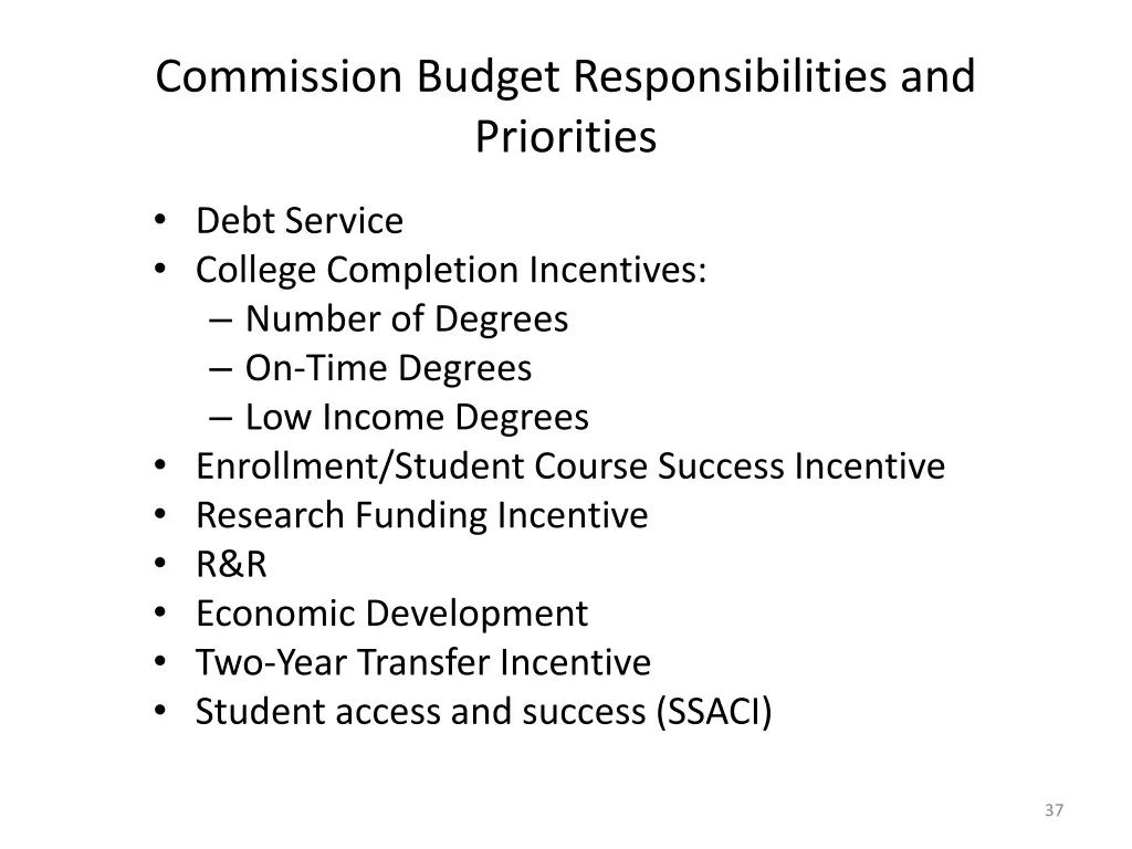 commission budget responsibilities and priorities