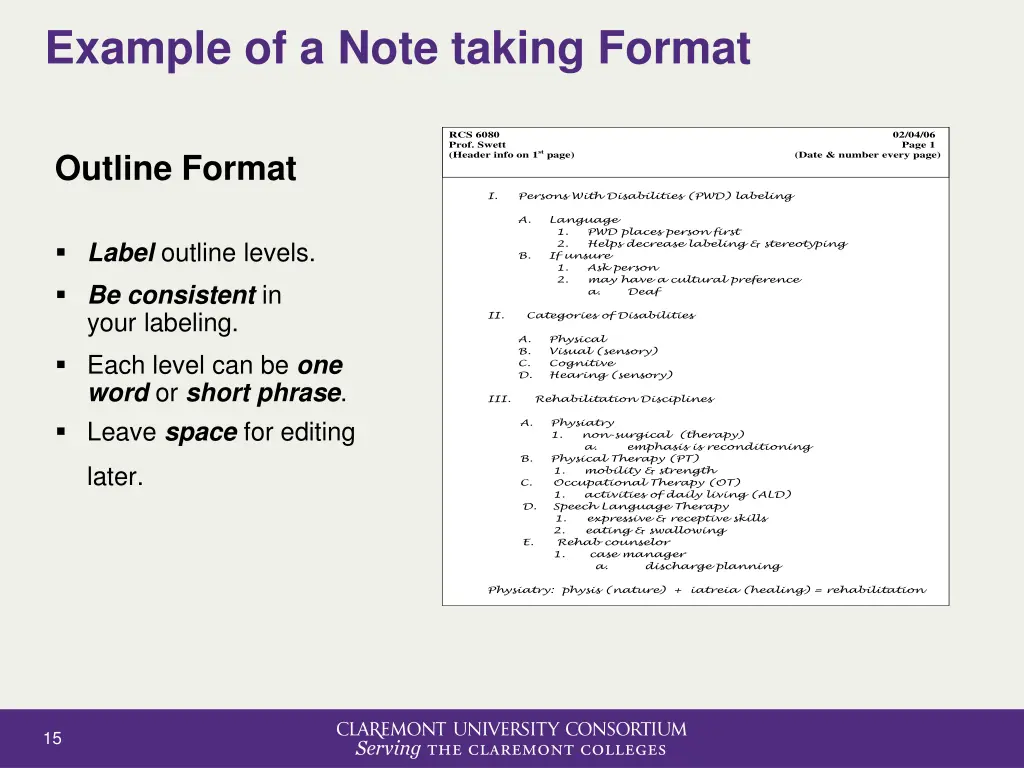 example of a note taking format 1