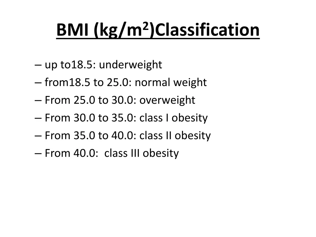 bmi kg m 2 classification