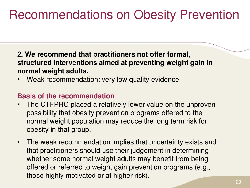 recommendations on obesity prevention