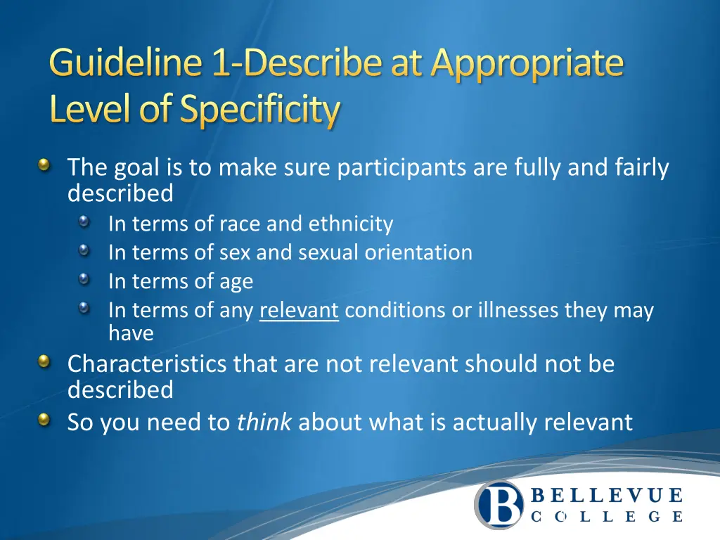 guideline 1 describe at appropriate level