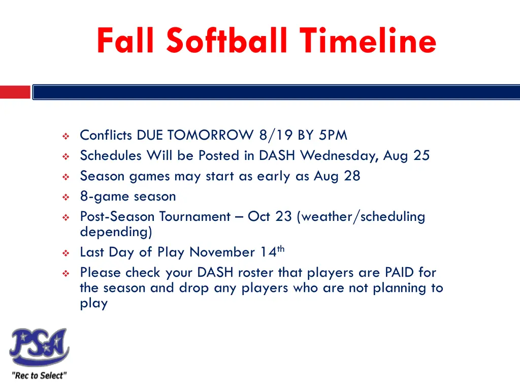 fall softball timeline