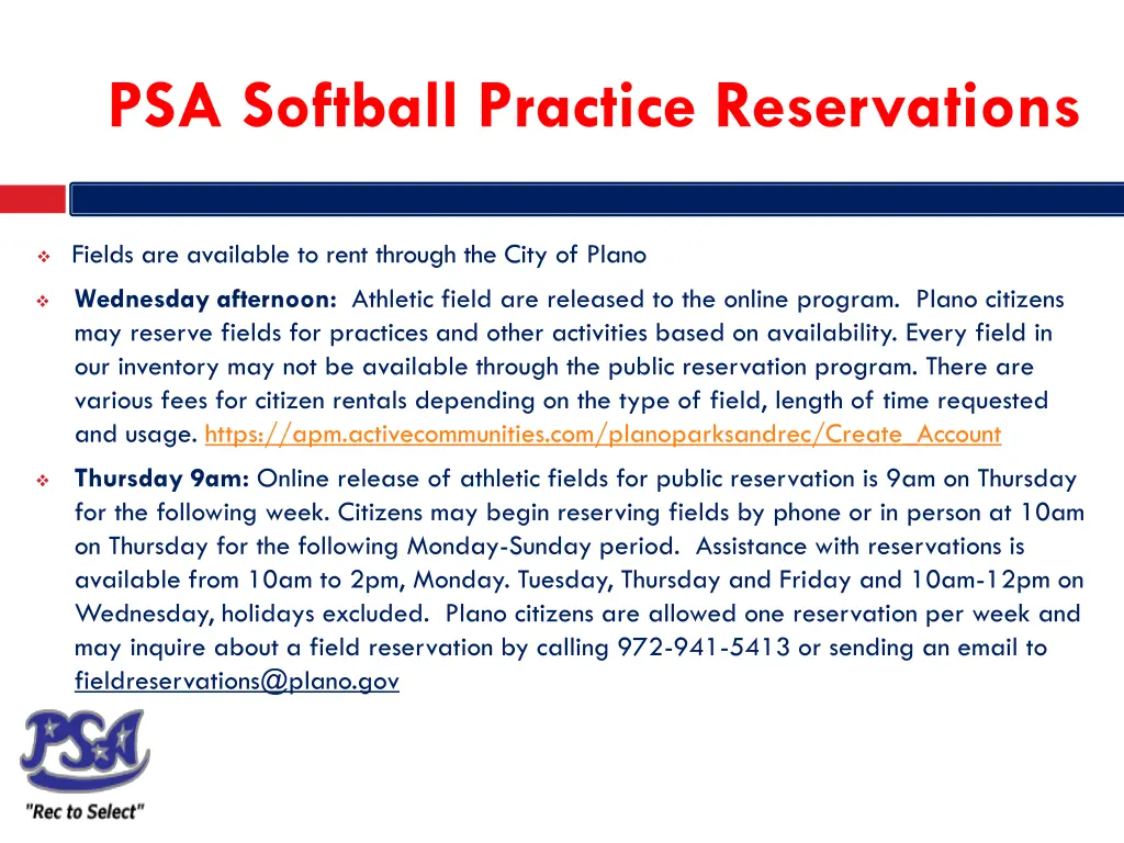 psa softball practice reservations