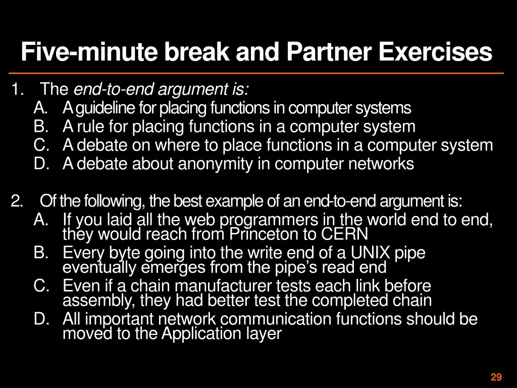 five minute break and partner exercises