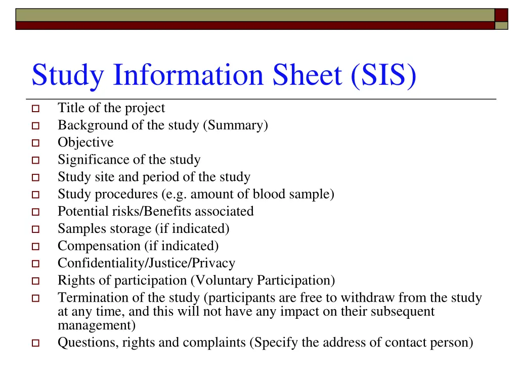 study information sheet sis