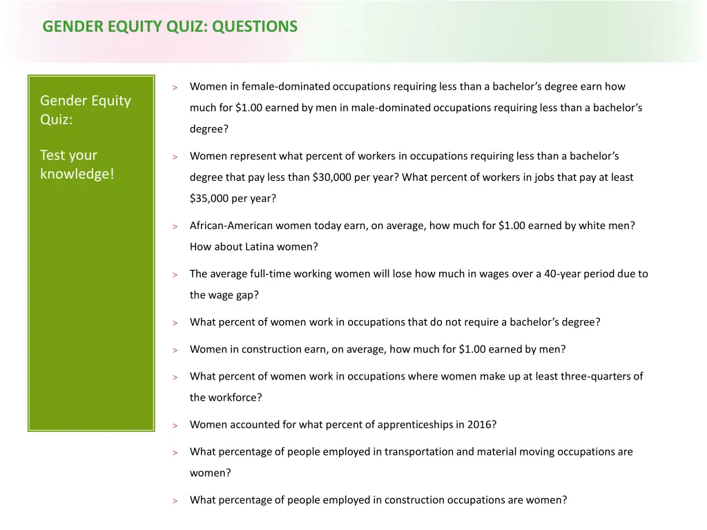 gender equity quiz questions