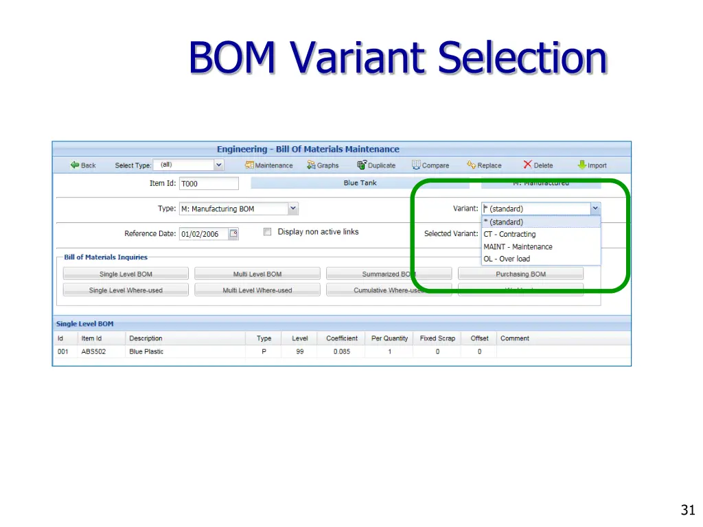 bom variant selection