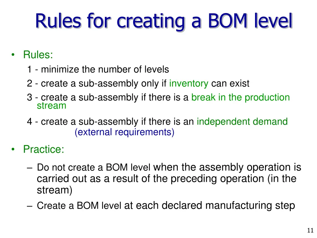 rules for creating a bom level