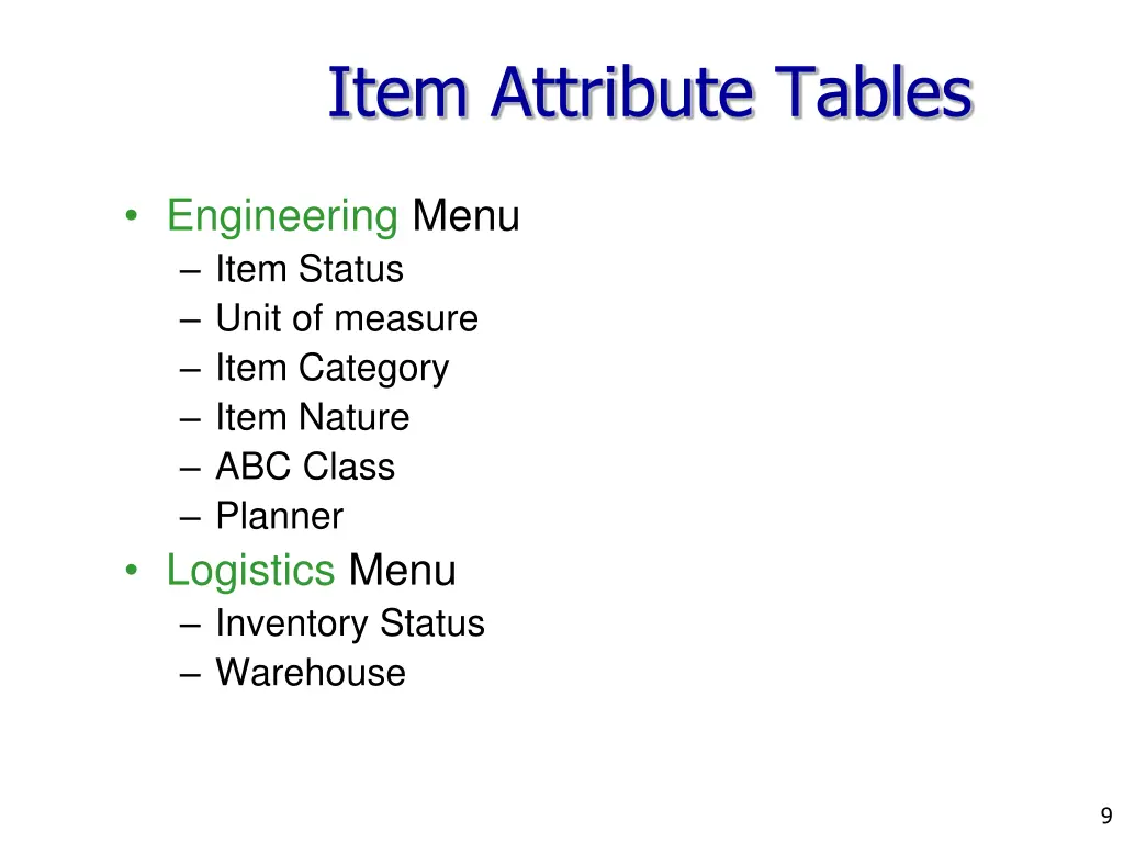 item attribute tables