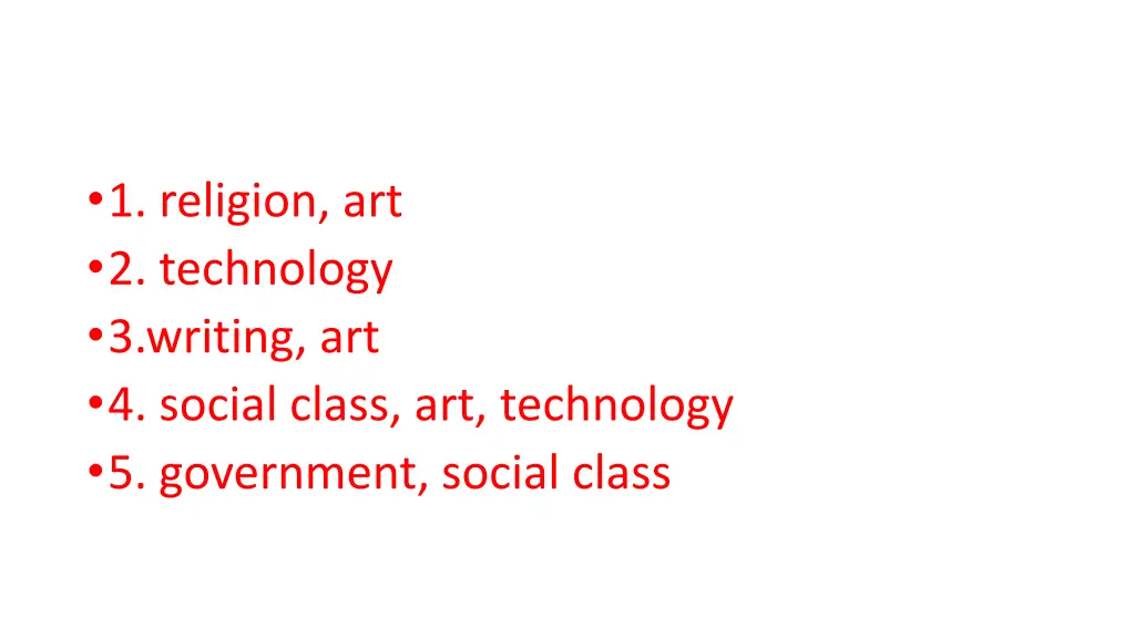 1 religion art 2 technology 3 writing