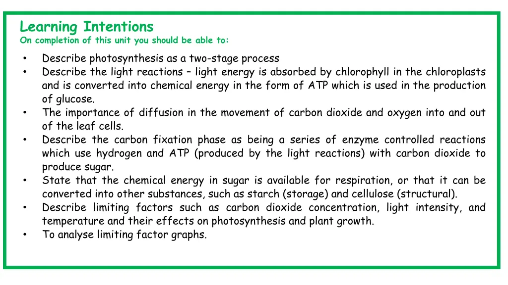 learning intentions on completion of this unit