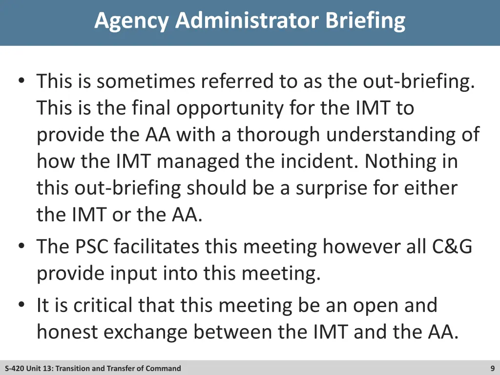 agency administrator briefing