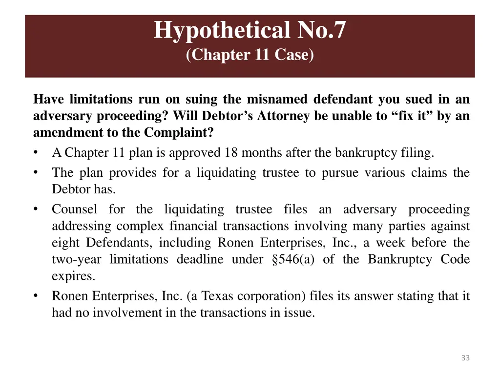 hypothetical no 7 chapter 11 case