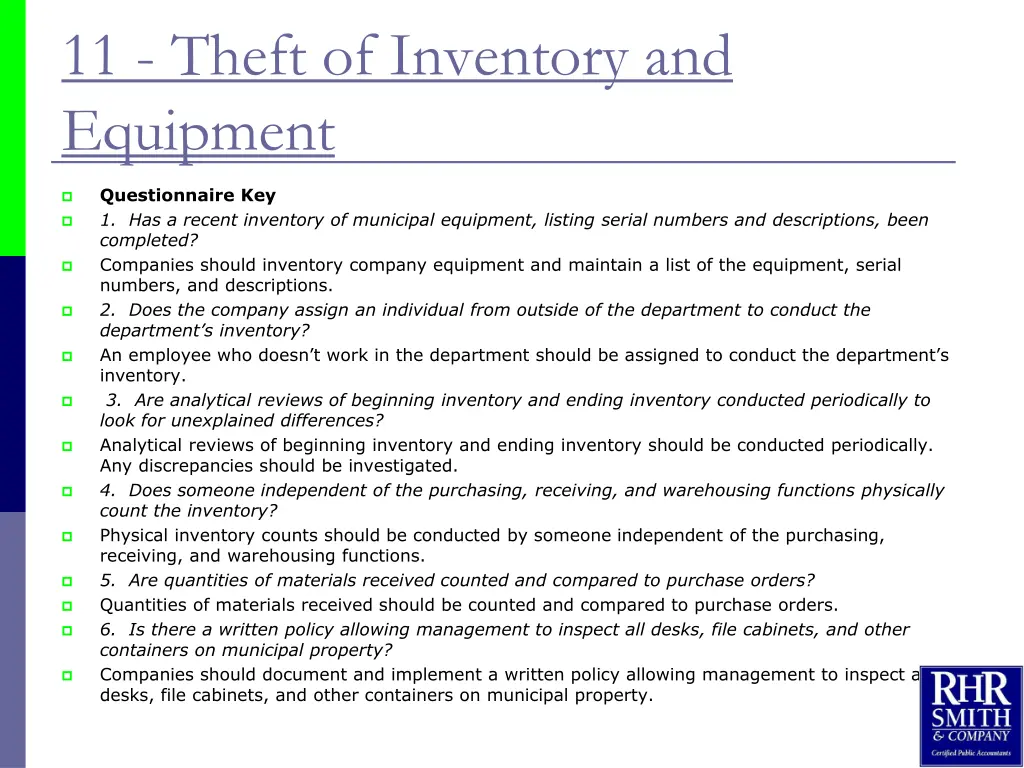 11 theft of inventory and equipment