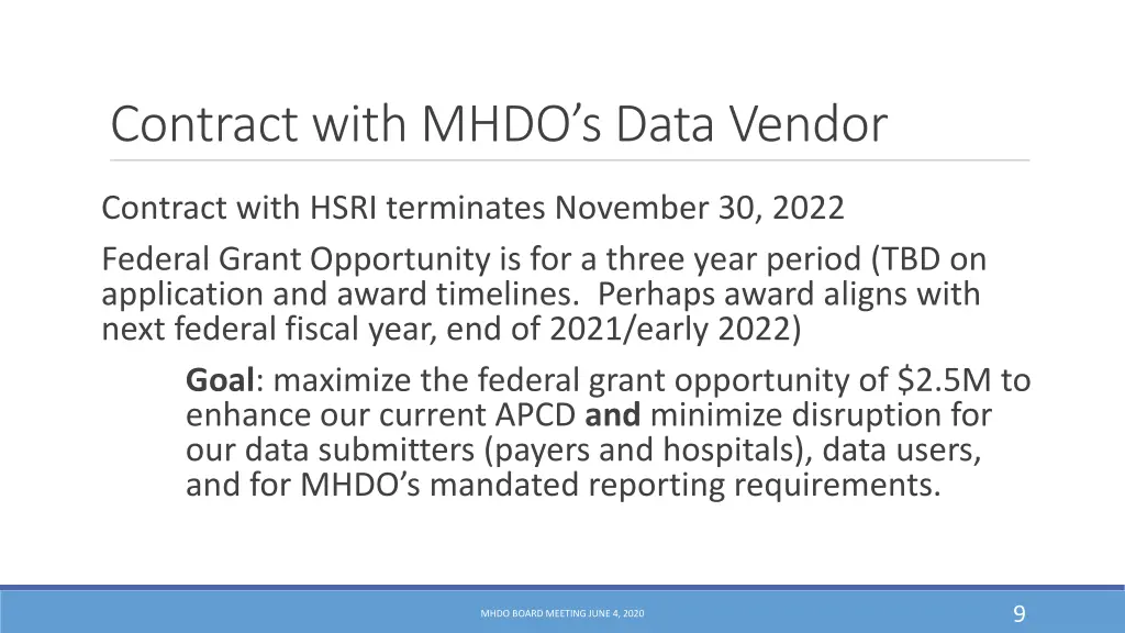 contract with mhdo s data vendor