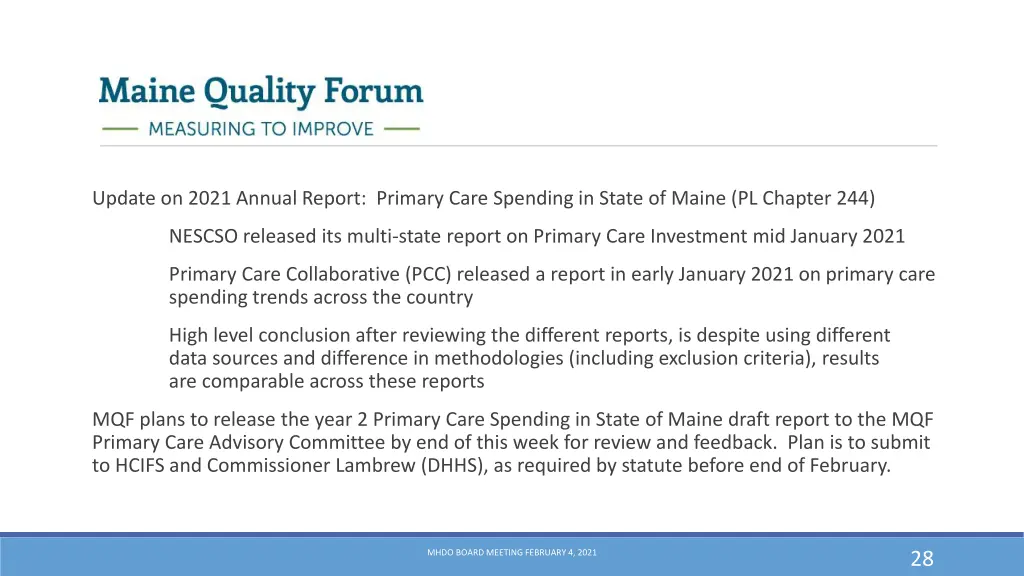 update on 2021 annual report primary care