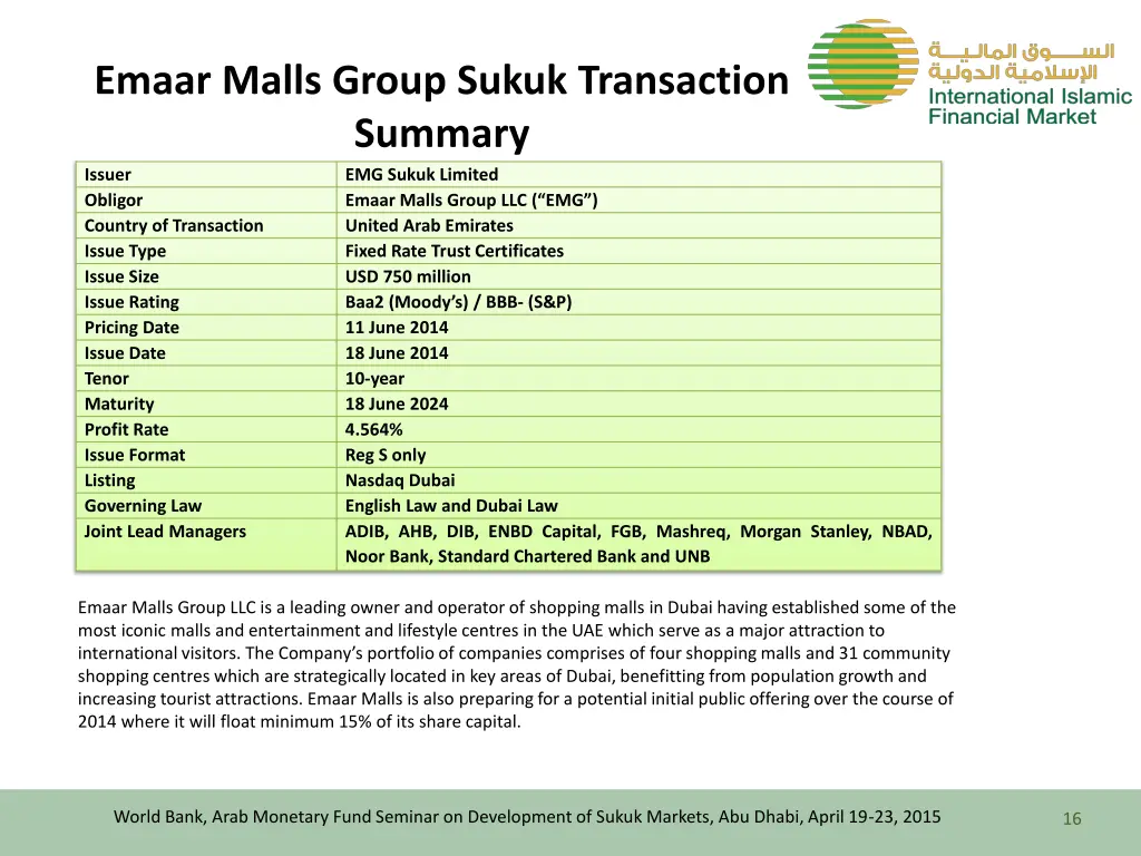 emaar malls group sukuk transaction summary