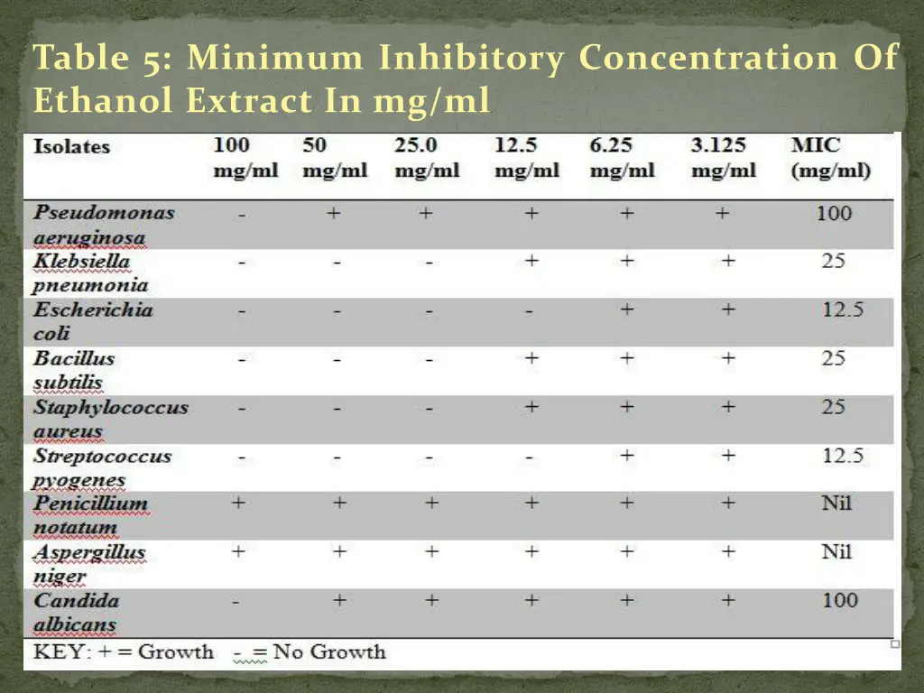 table 5 minimum inhibitory concentration