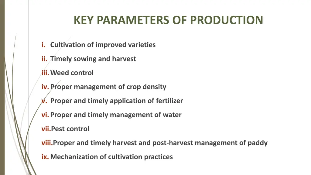 key parameters of production