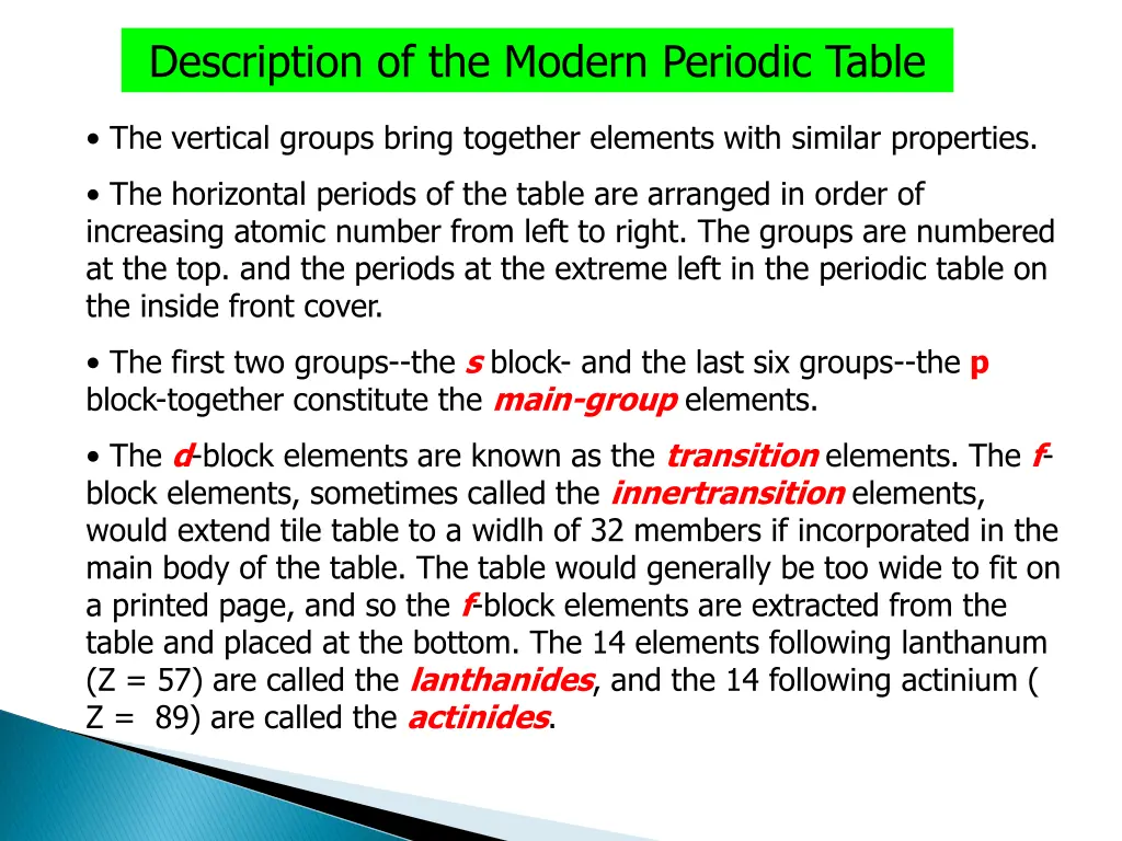 description of the modern periodic table