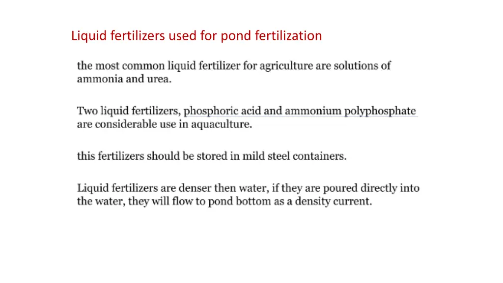 liquid fertilizers used for pond fertilization