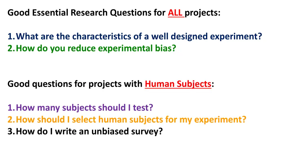 good essential research questions for all projects