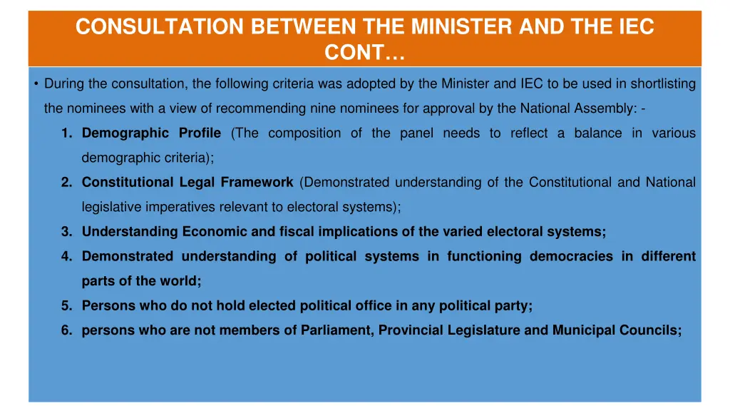 consultation between the minister and the iec cont