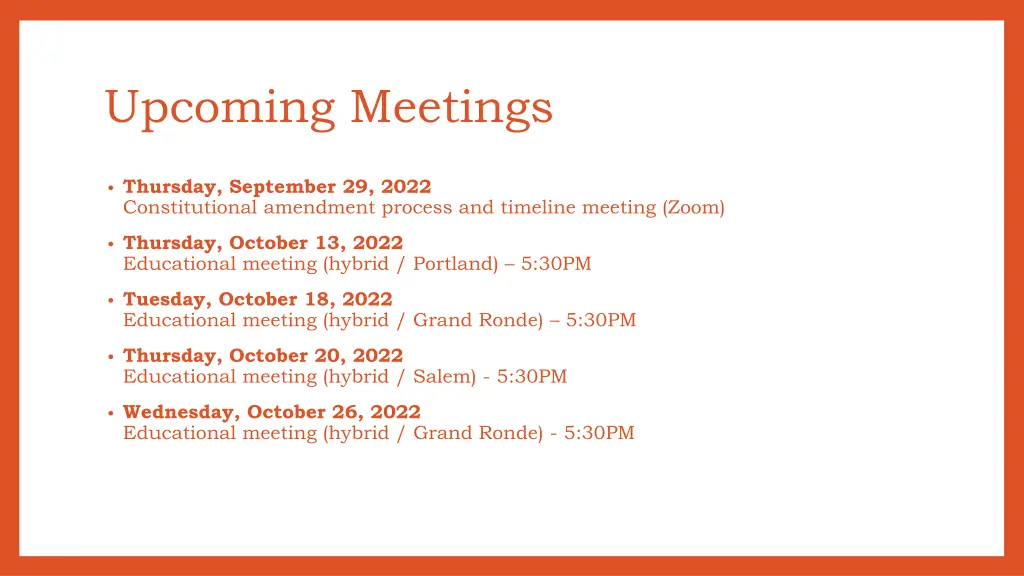 upcoming meetings